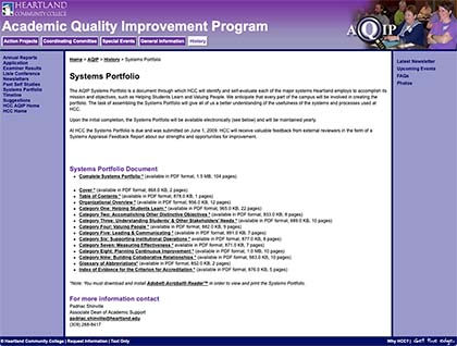 Heartland Community College Academic Quality Improvement Program (AQIP) Systems Portfolio Webpage screenshot (2009)