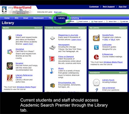Heartland Community College Tutorials for Accessing Library Materials Screen Recording screenshot (2013)