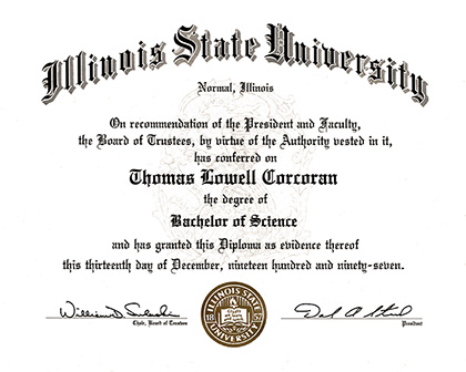 Thomas Corcoran's Illinois State University Diploma for Bachelors Degree in Psychology from 1997
